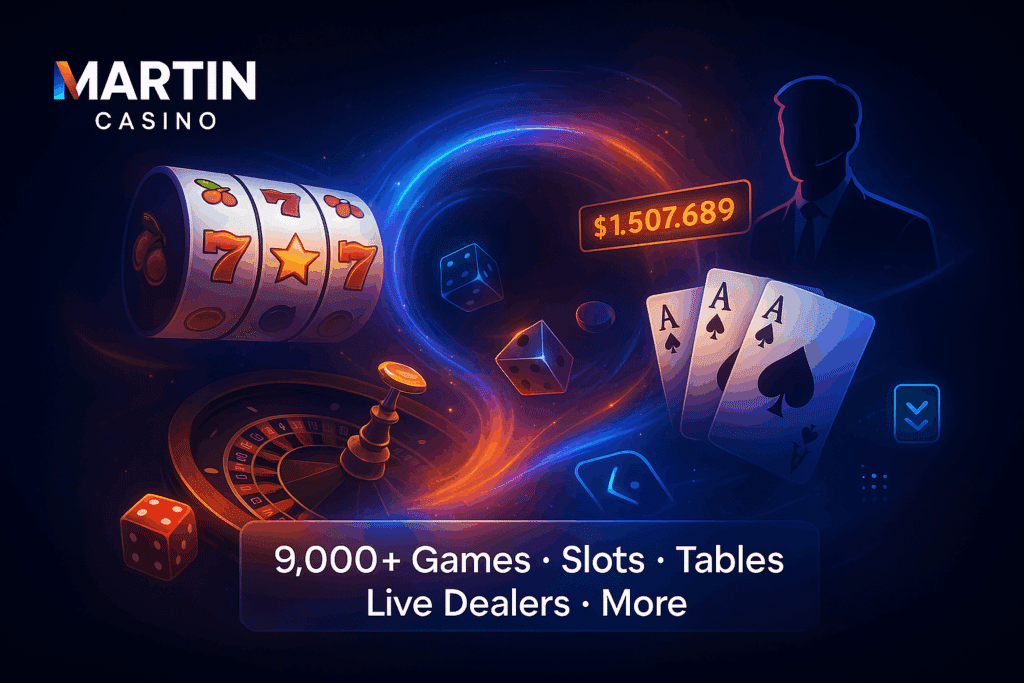 Martin Casino Canada game selection showing 9,000+ slots, table games, live dealers, and jackpots