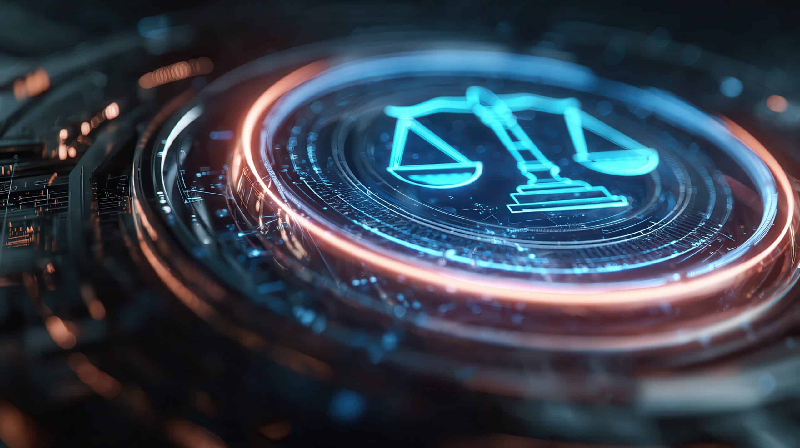 Digital scales representing justice and law